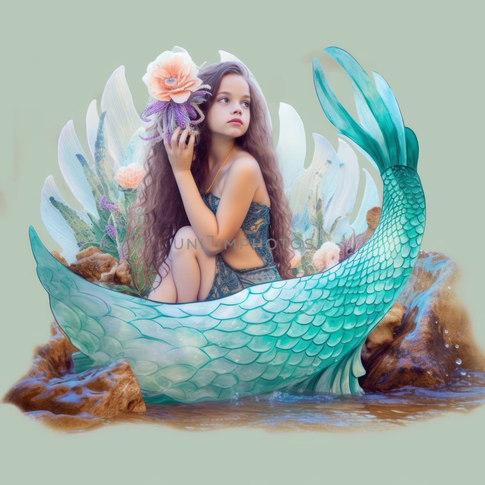Cute young girl in a mermaid costume, sits in a large sea shell with sea plants, collage by Zakharova