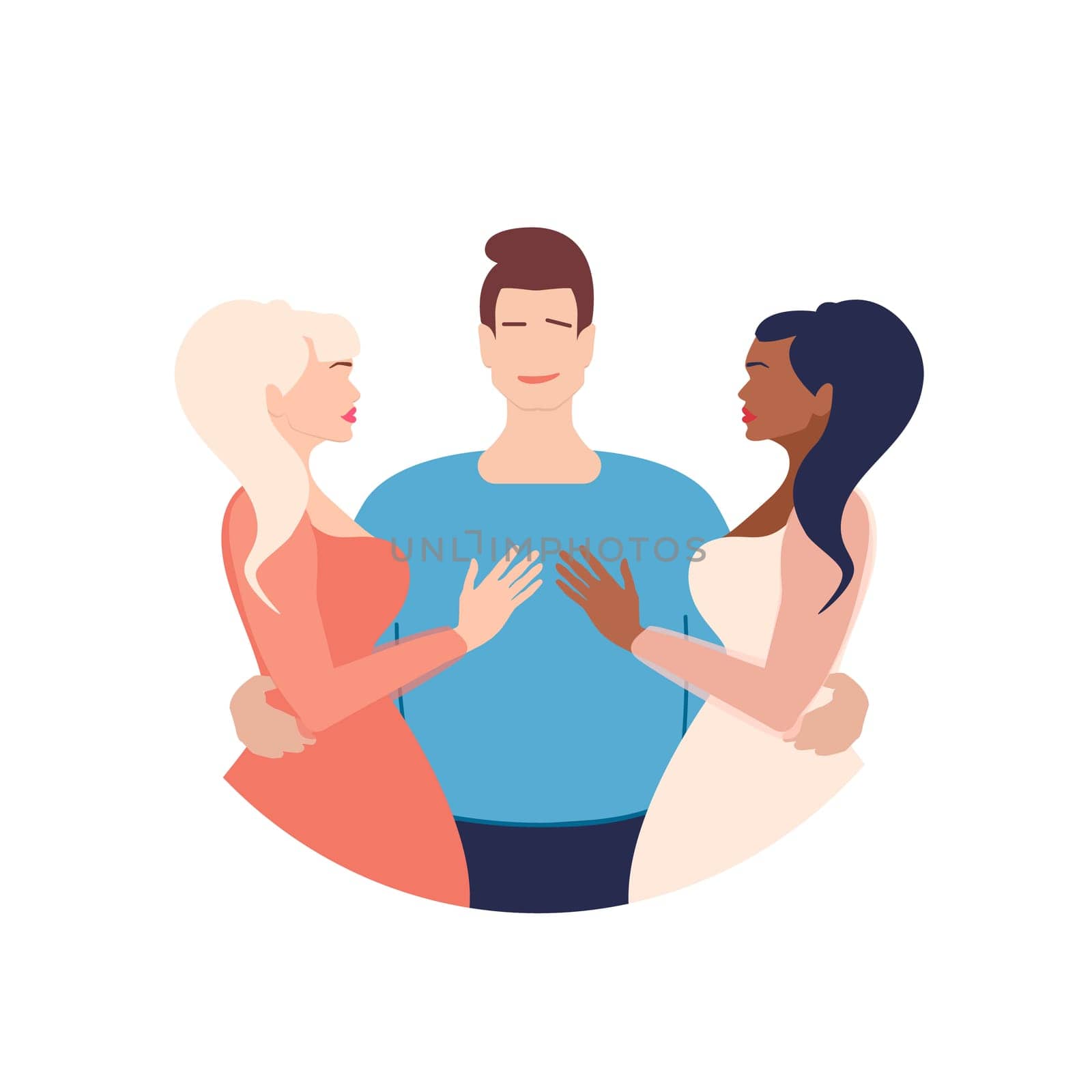 Polyamory in relationships.Polyamory.Open relationship. Polyamory conceptual illustration. A young guy embraces two beautiful girls. hug.illustration in a flat style.