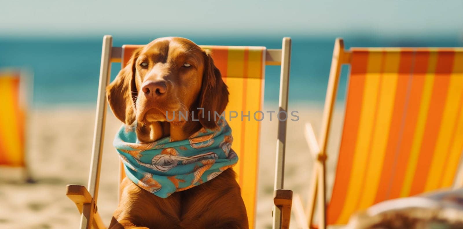 dog relax summer funny chair lazy beach sunglasses vacation pet. Generative AI. by SHOTPRIME