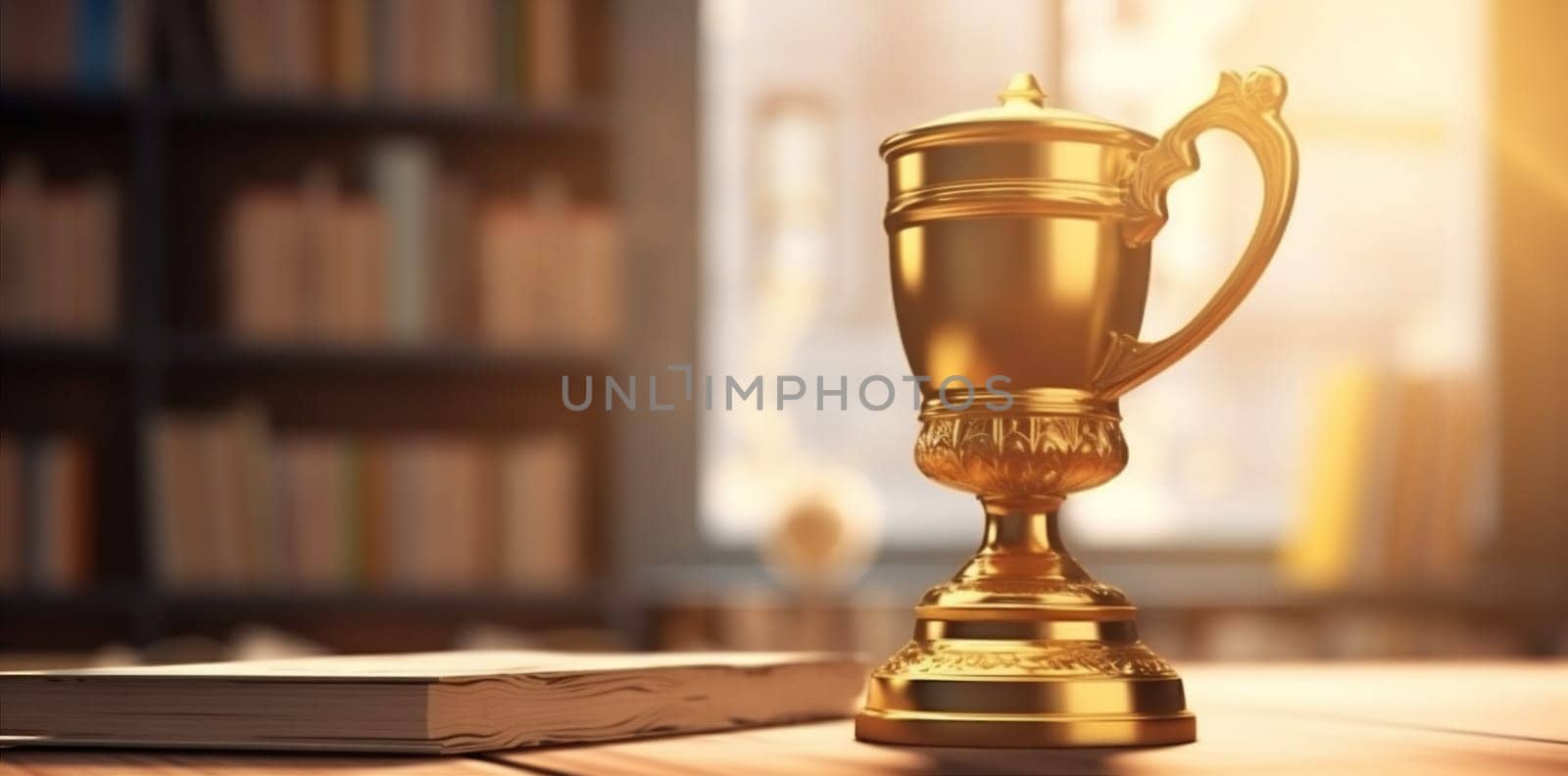 library gold champion space sport competition celebration metallic pride bokeh background goal contest cup champ winner prize education award trophy. Generative AI.