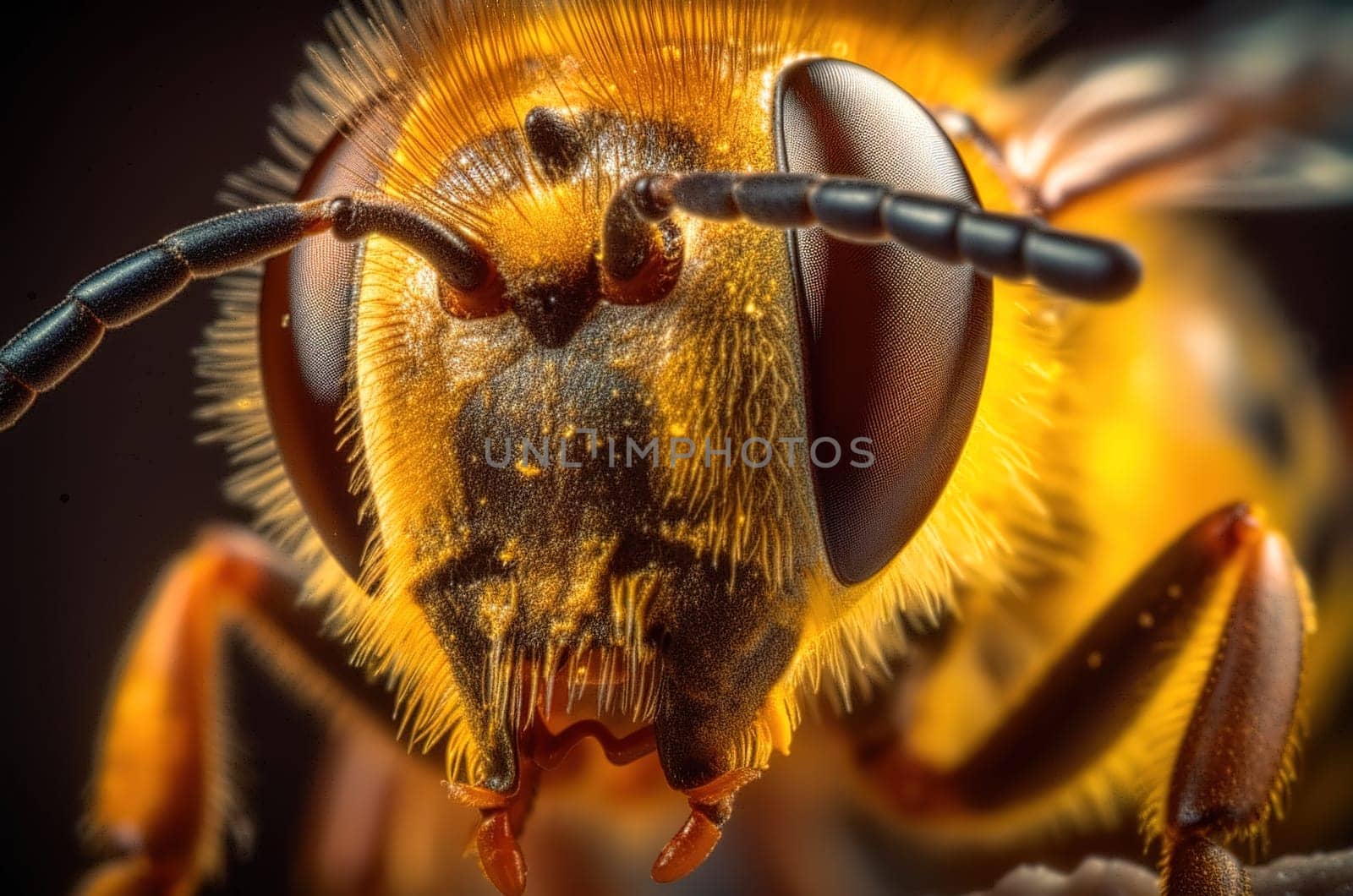 Close-up of a bee's head. Macro photography. Generative AI