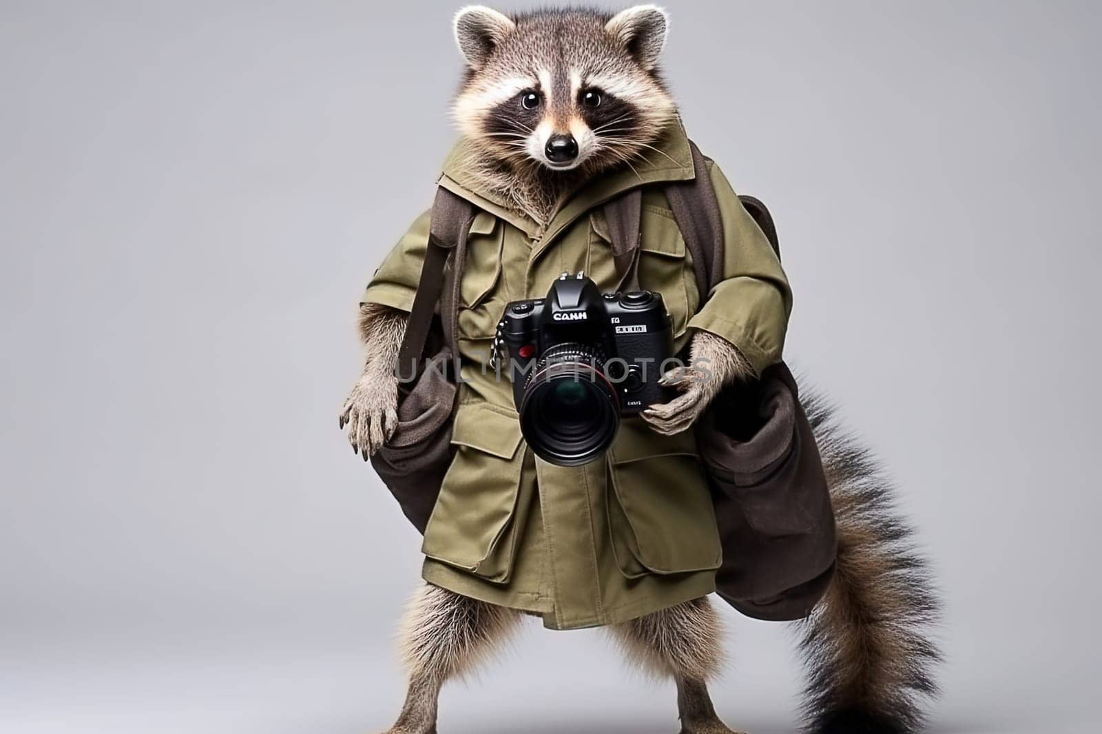 Photographer's raccoon in uniform on a neutral background. Generative AI. by Yurich32