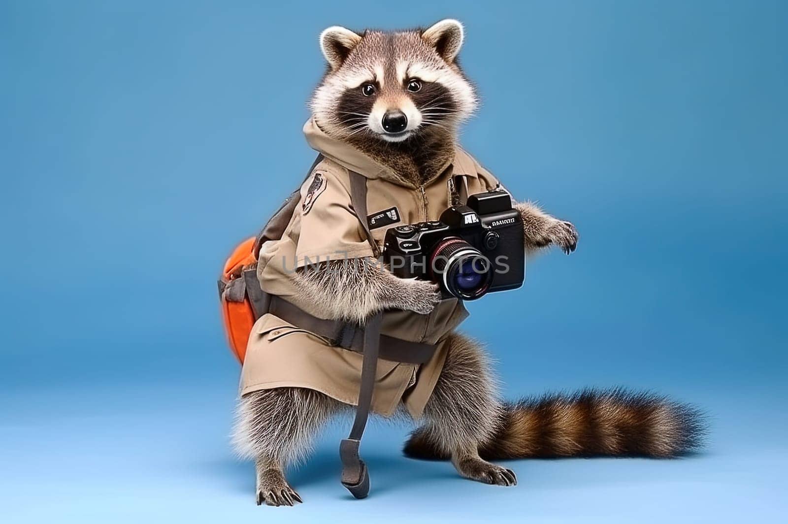 Photographer's raccoon in uniform on a neutral background. Generative AI. High quality illustration