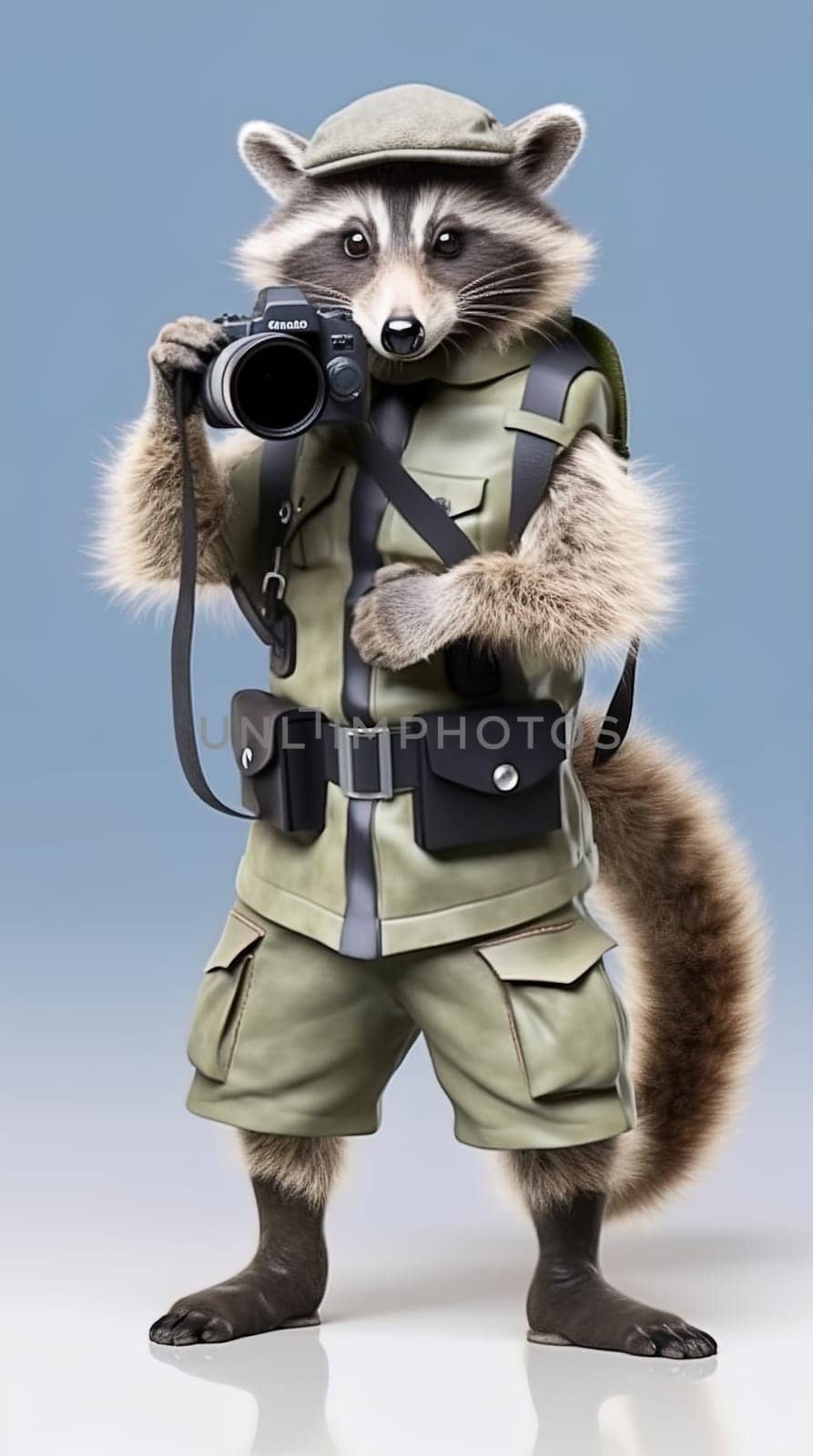 Photographer's raccoon in uniform on a neutral background. Generative AI. by Yurich32