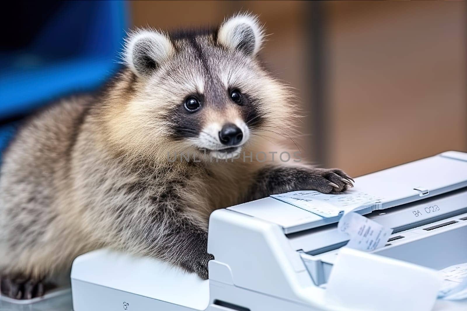 A raccoon in the office printing a photo on a printer. Generative Artificial Intelligence. High quality illustration