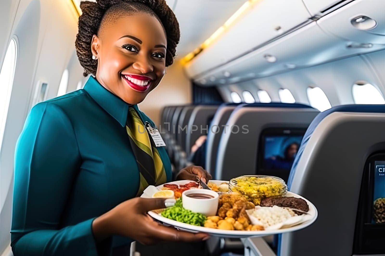An African-American flight attendant delivers lunch to passengers on an airplane. Generative AI. High quality illustration