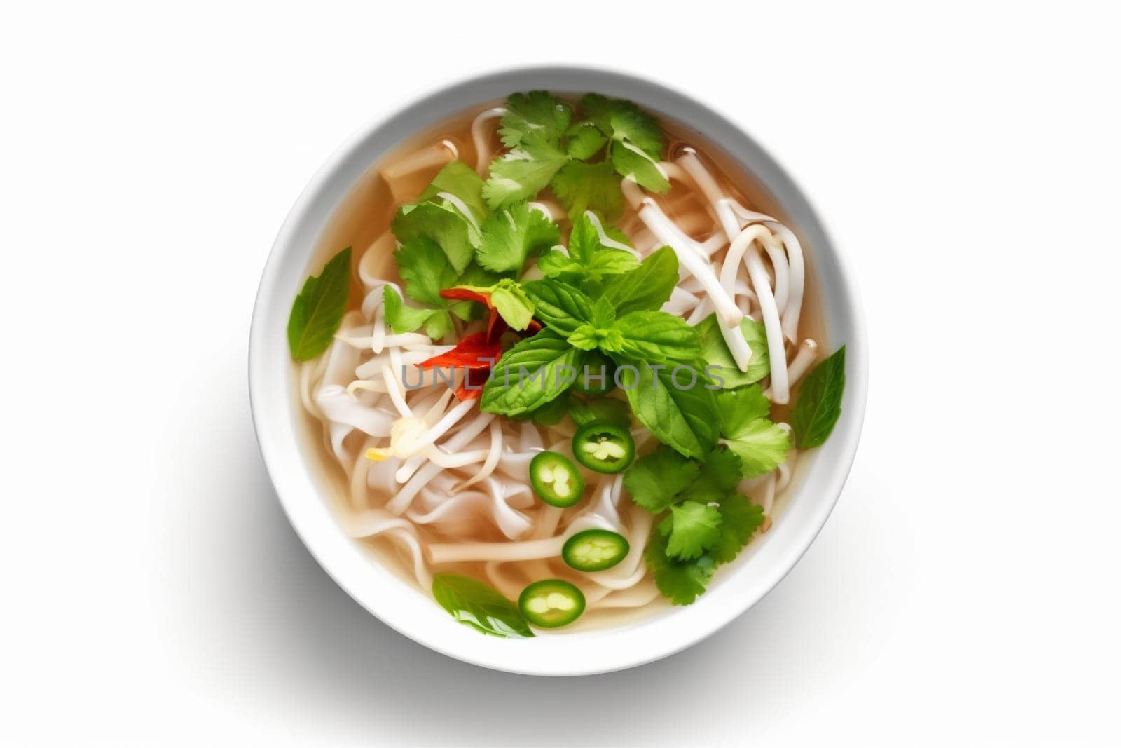 asian meat lunch white plate broth cookery pepper background dish dinner rare vietnam bowl traditional delicious lime isolated noodle food soup. Generative AI.
