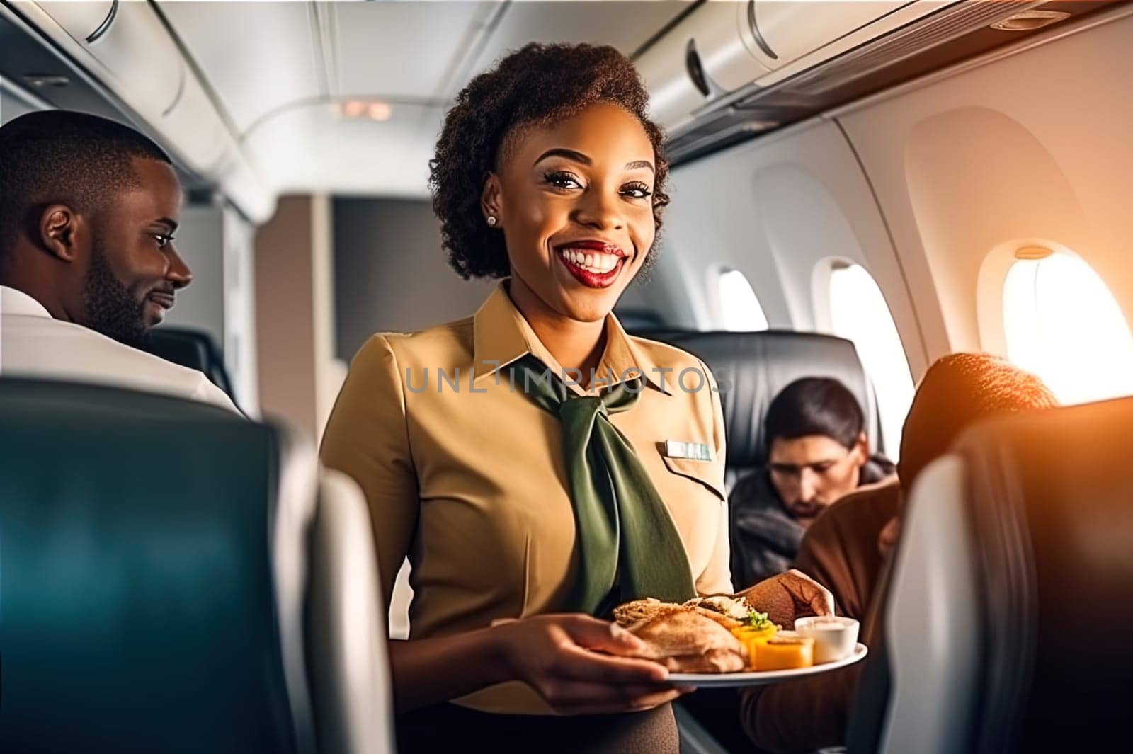 An African-American flight attendant delivers lunch to passengers on an airplane. Generative AI. High quality illustration