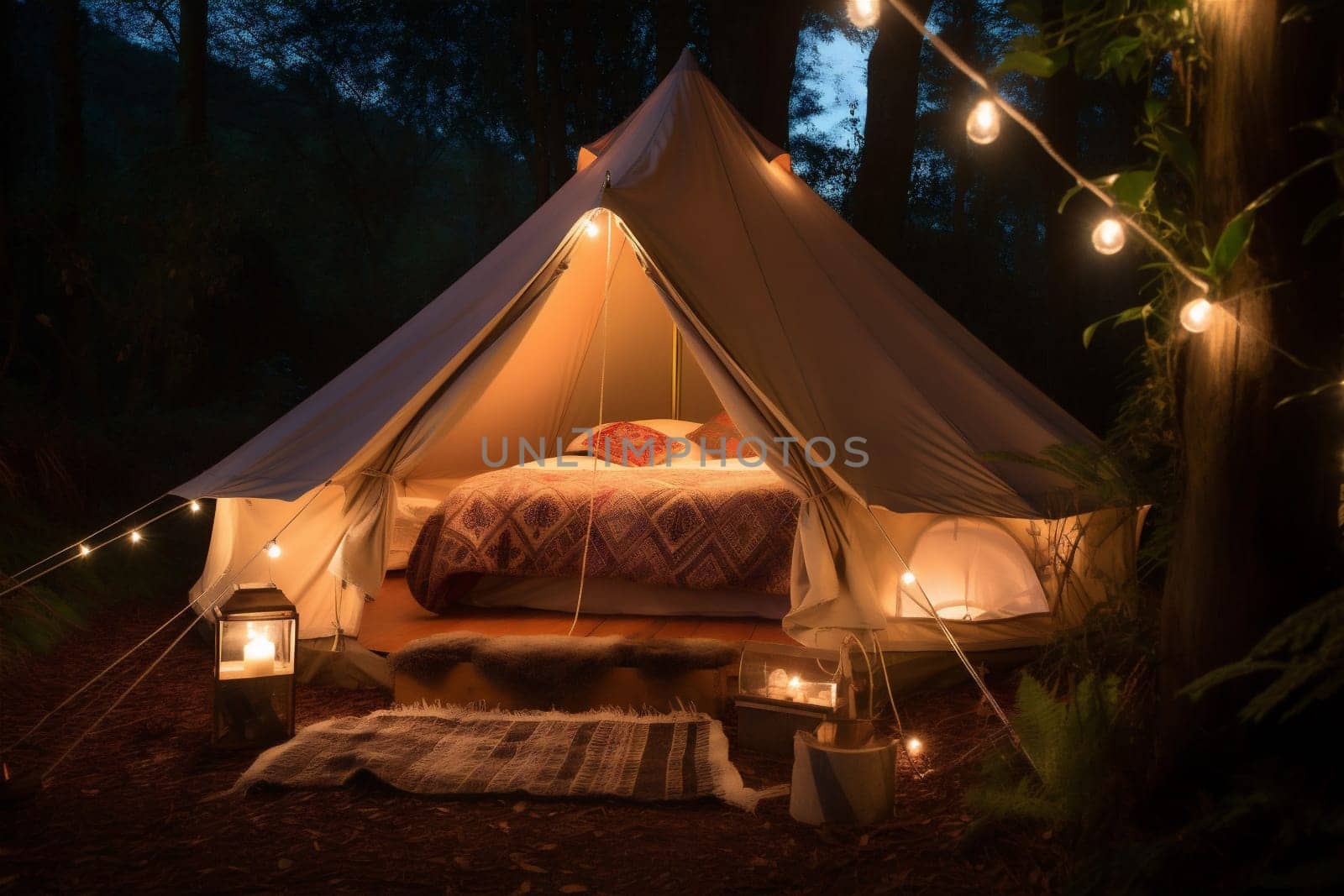 lifestyle home luxury light sky leisure camping tent travel decor beautiful glamour glamping forest green canvas camp nature relax vacation. Generative AI.