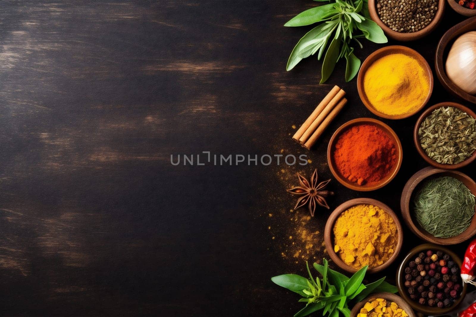 spice coriander space top cookery indian condiment black cooking food chili seed herb copy dry asian ingredient powder background paprika seasoning turmeric. Generative AI.