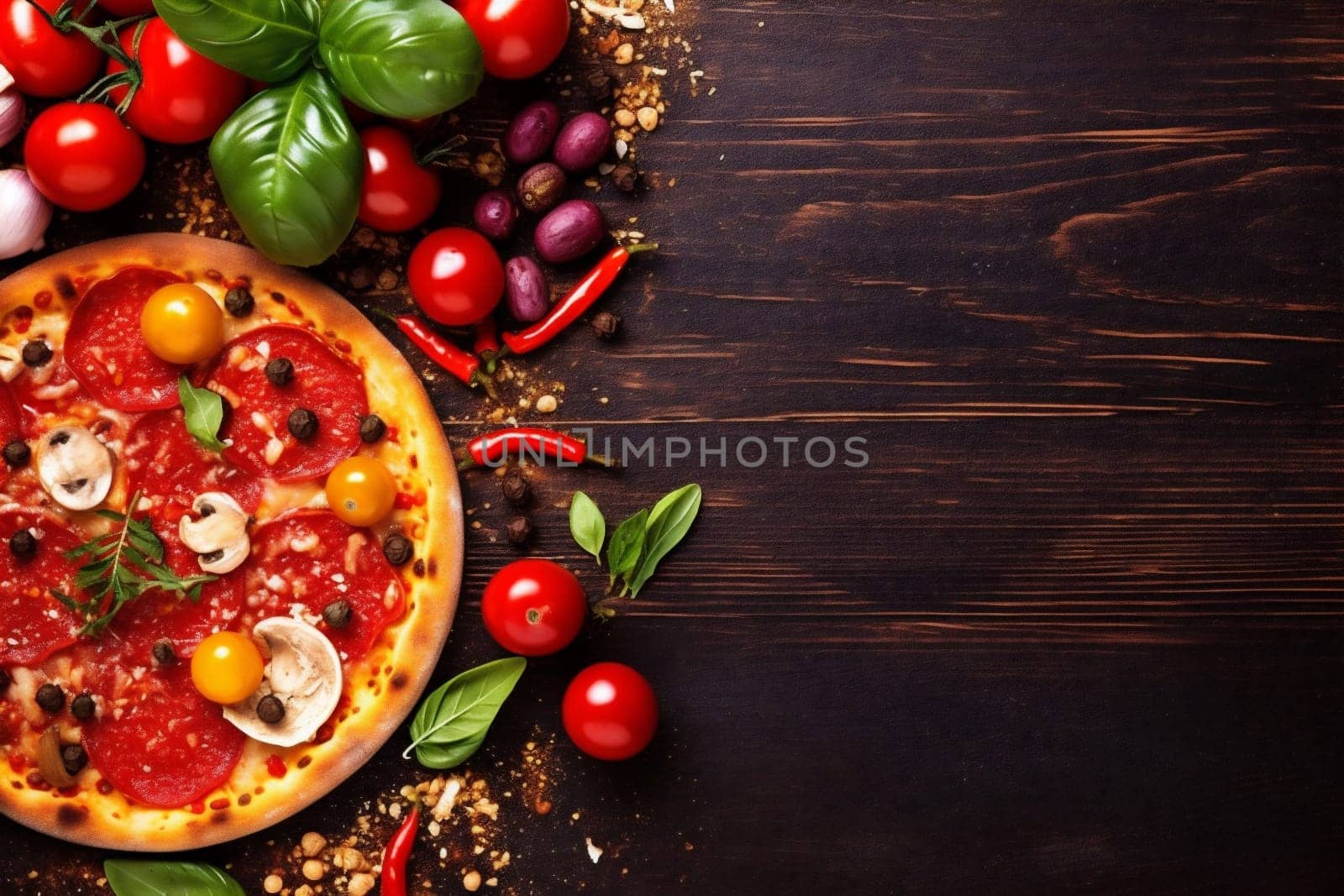 vegetable fast crust food space salami italian background homemade view hot baked dark tomato table top black pizza food mozzarella meal cheese fast copy. Generative AI.