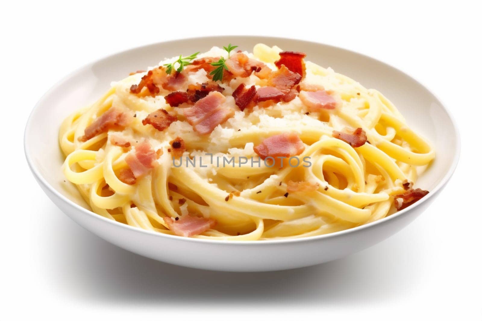 meal lunch cheese italian meat space carbonara traditional spaghetti bacon cooking egg fork parmesan sauce copy delicious table white pasta food. Generative AI.
