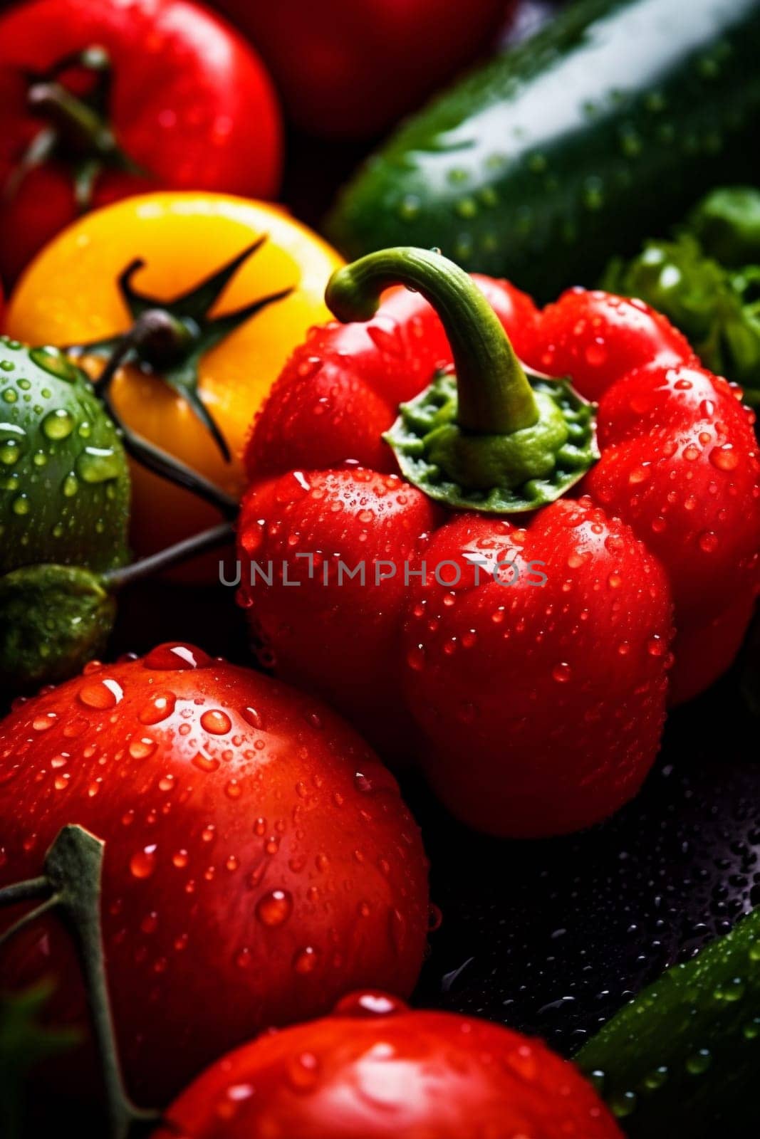 agriculture food freshness leaf ingredient broccoli green carrot harvest organic wet pepper vegetarian fresh close-up drop water vegetable background healthy diet group. Generative AI.