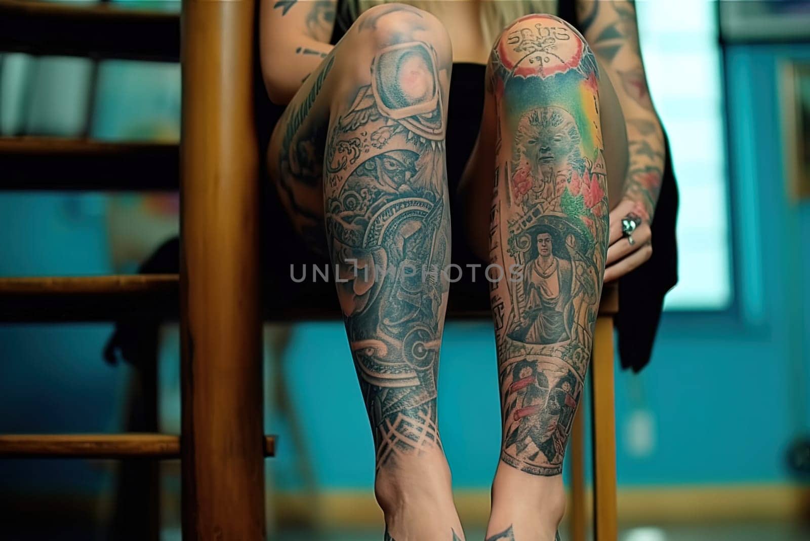 Woman with tattoos on her legs. Generative AI by Yurich32