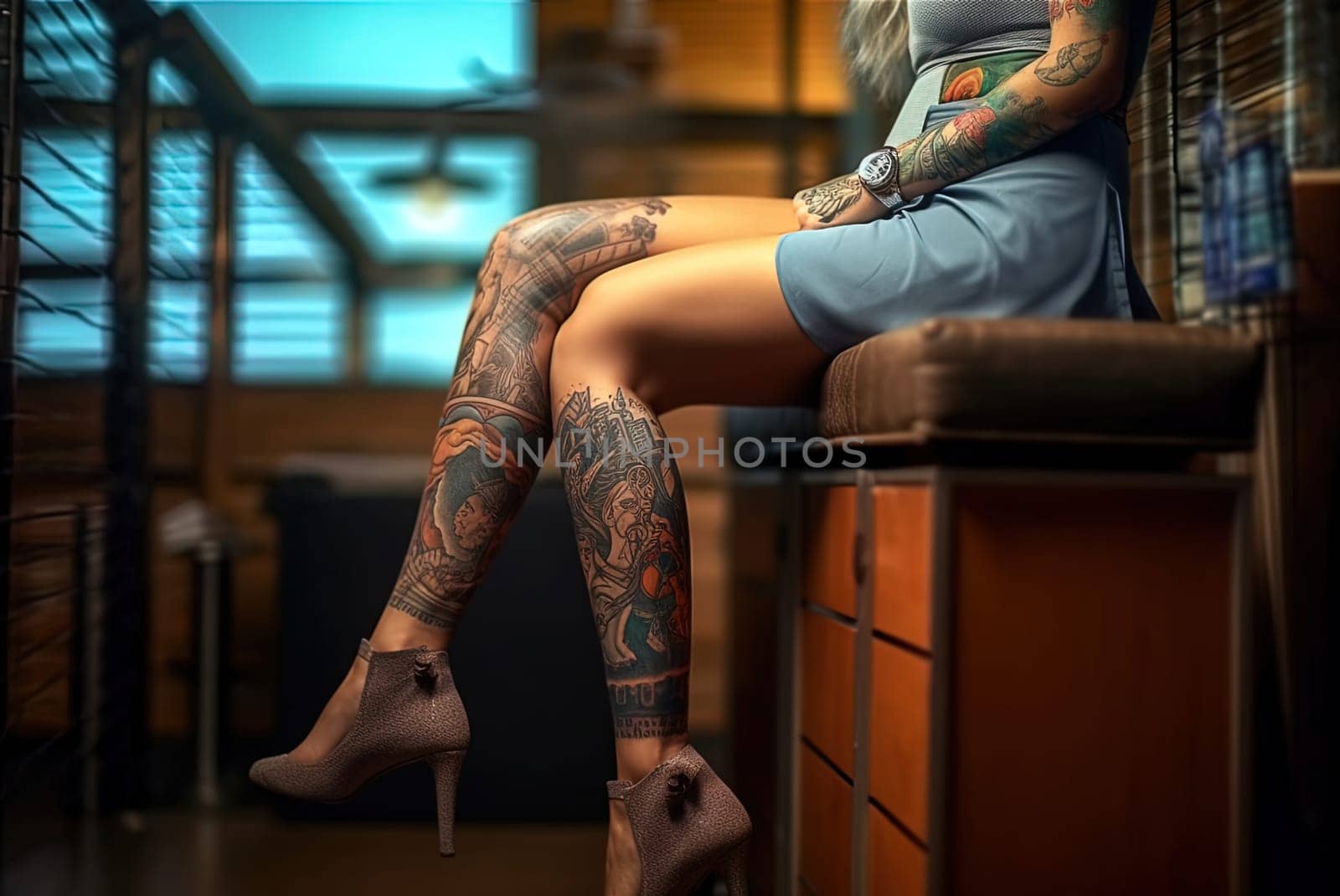 Woman with tattoos on her legs. Generative AI. High quality illustration