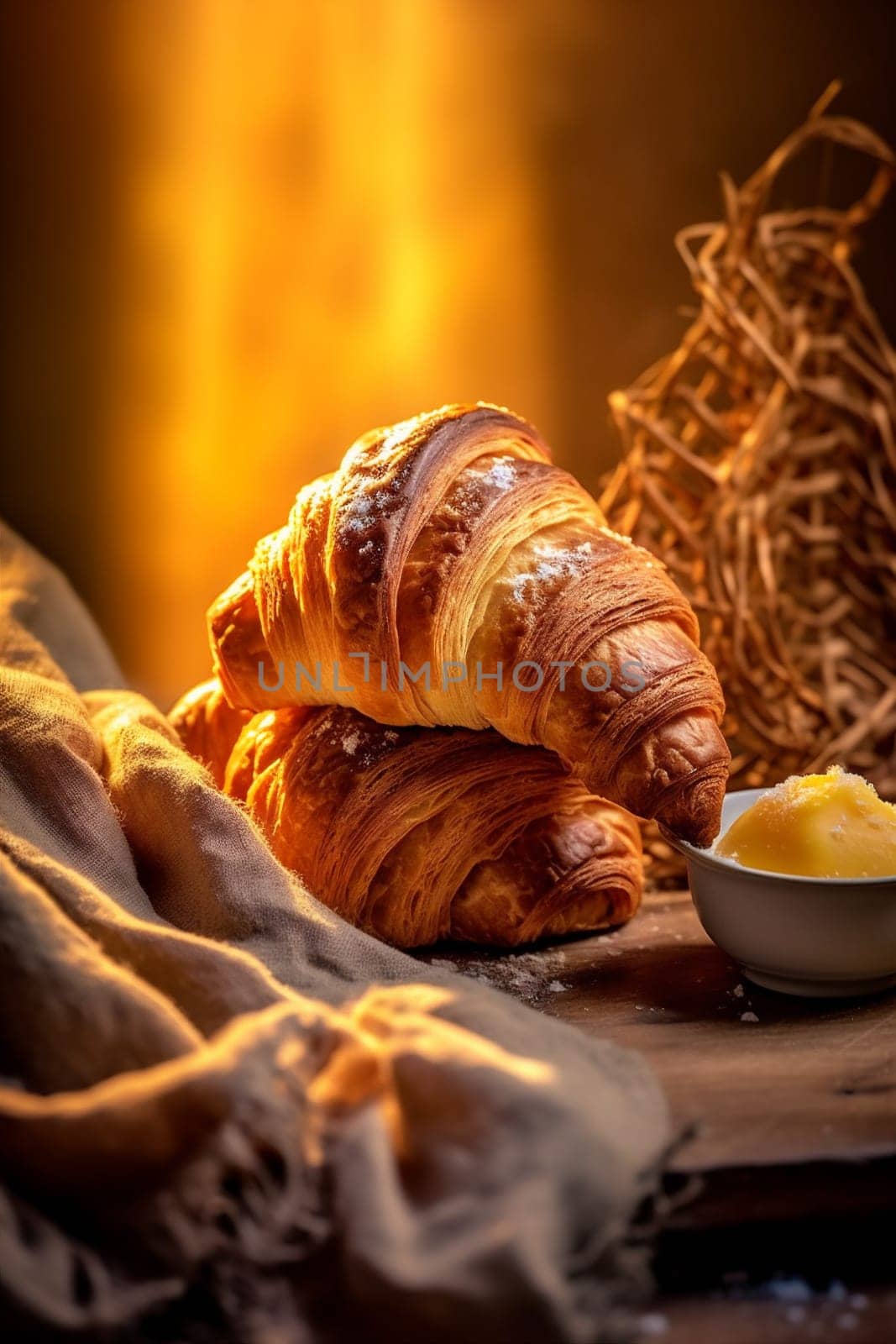 background background drink bokeh breakfast morning table food croissant bakery cup gold. Generative AI. by SHOTPRIME