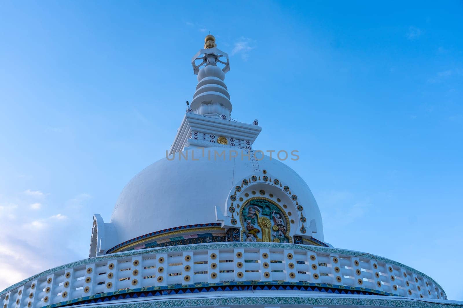 Leh, India - April 05, 2023: View of famous Shanti Stupa located on a hilltop overlooking Leh