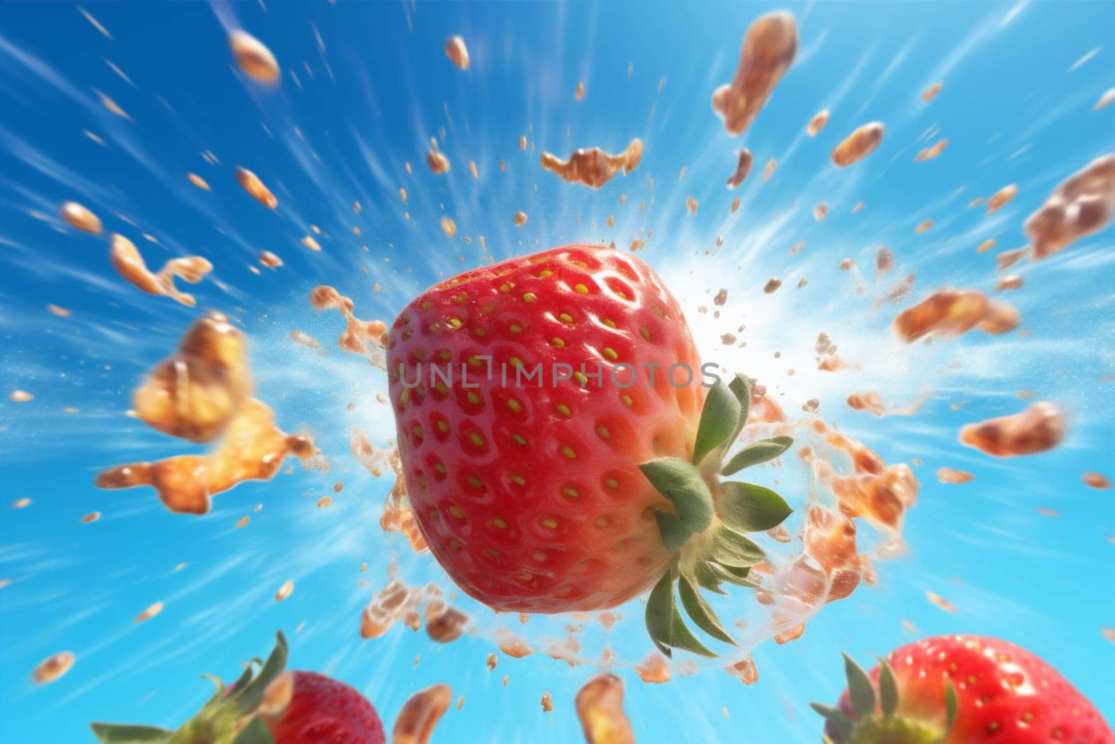 splash strawberry blue freshness fruit water food fresh healthy red background. Generative AI. by SHOTPRIME