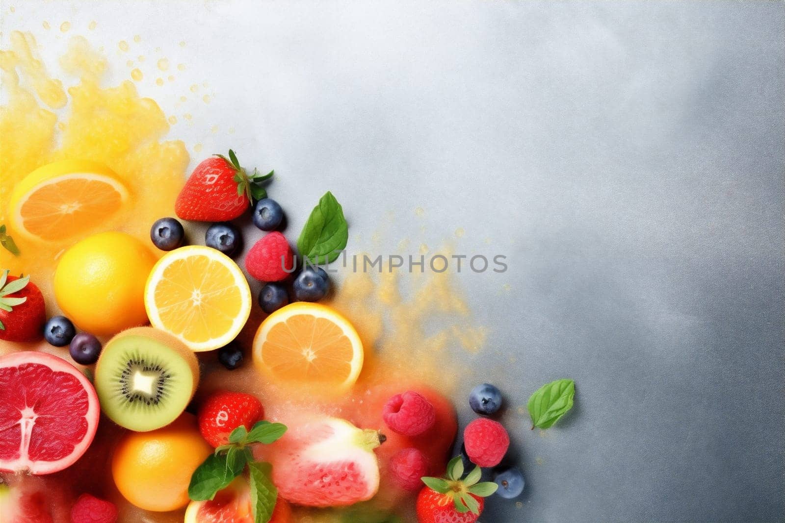 fruit juice orange background food diet apple grape ice smoke hookah. Generative AI. by SHOTPRIME