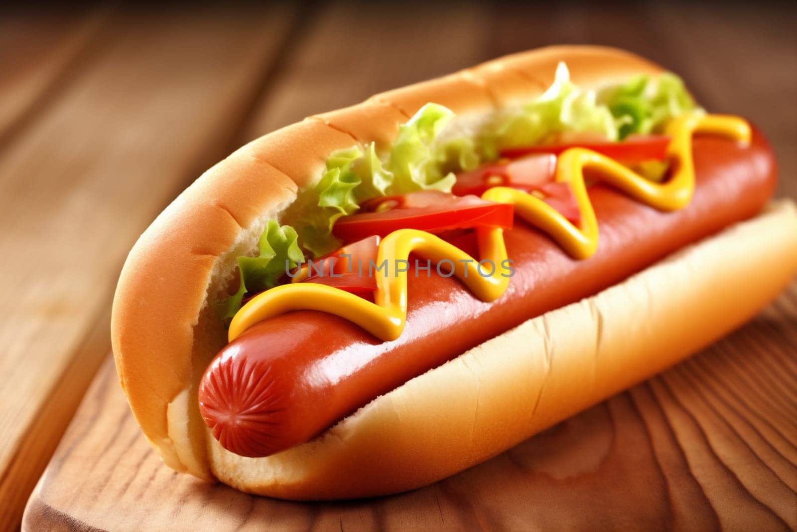 fast dog american snack sausage sauce hot bread meat background food. Generative AI. by SHOTPRIME