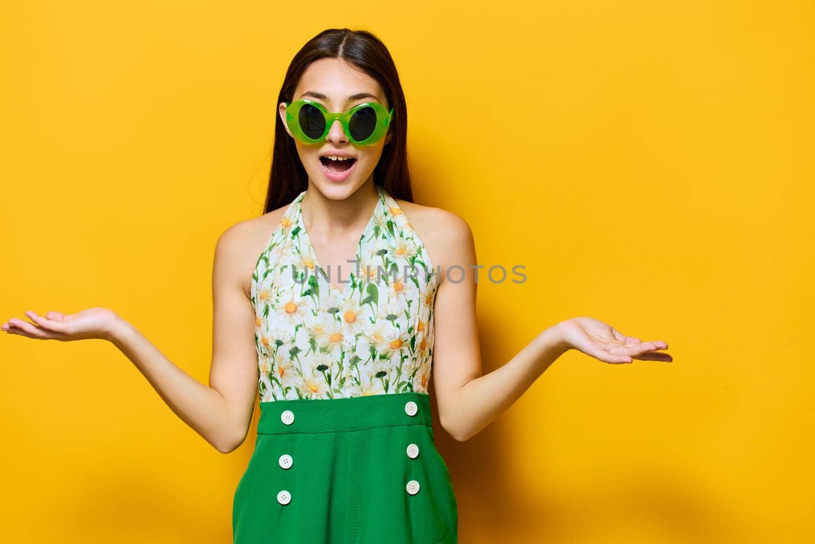 woman happy sunglasses young yellow stylish style fashion emotion caucasian beautiful by SHOTPRIME