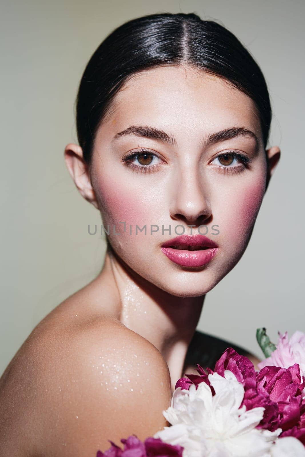 woman make-up face cosmetic portrait girl romantic fashion flower eye beauty concept spring pink white closeup model person blush natural femininity