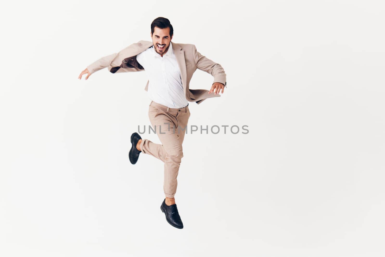 man person business professional white stylish running eyeglass beige standing beard winner smiling suit businessman adult flying model happy victory idea jacket