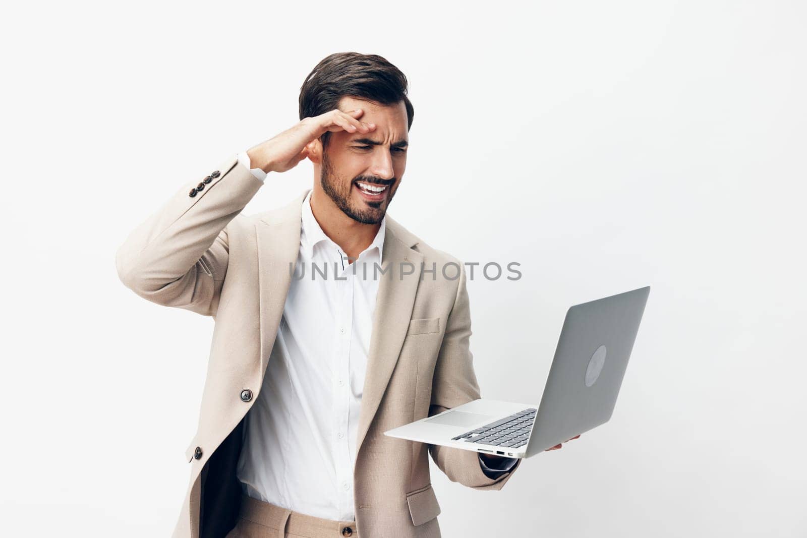 copyspace man working corporate guy adult white digital office model network thoughtful typing freelancer internet business laptop suit computer job technology