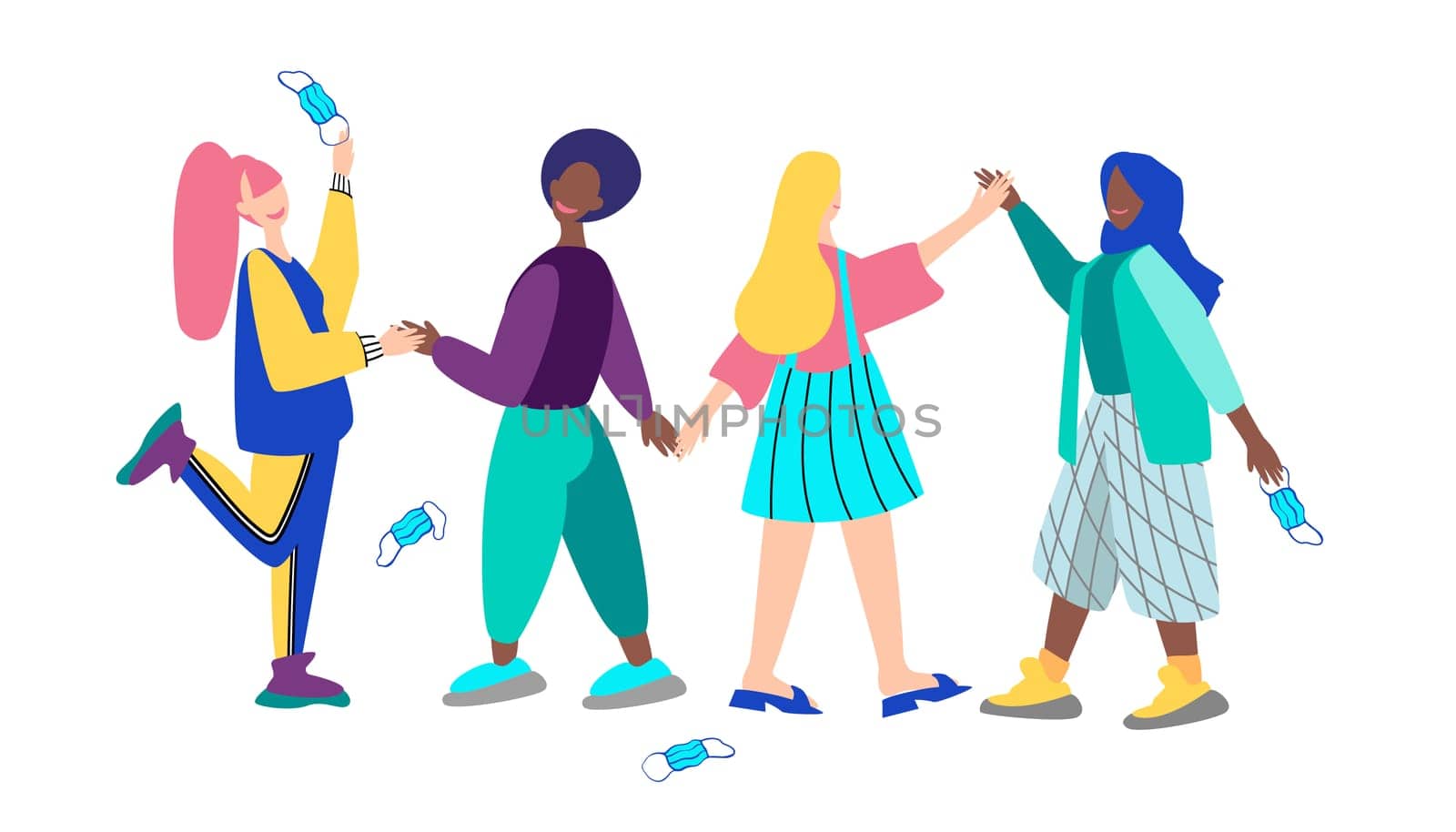 A group of women of different nationalities throw medical masks. A crowd of mixed-race women take off their masks to celebrate their victory over a disease, virus or pandemic.