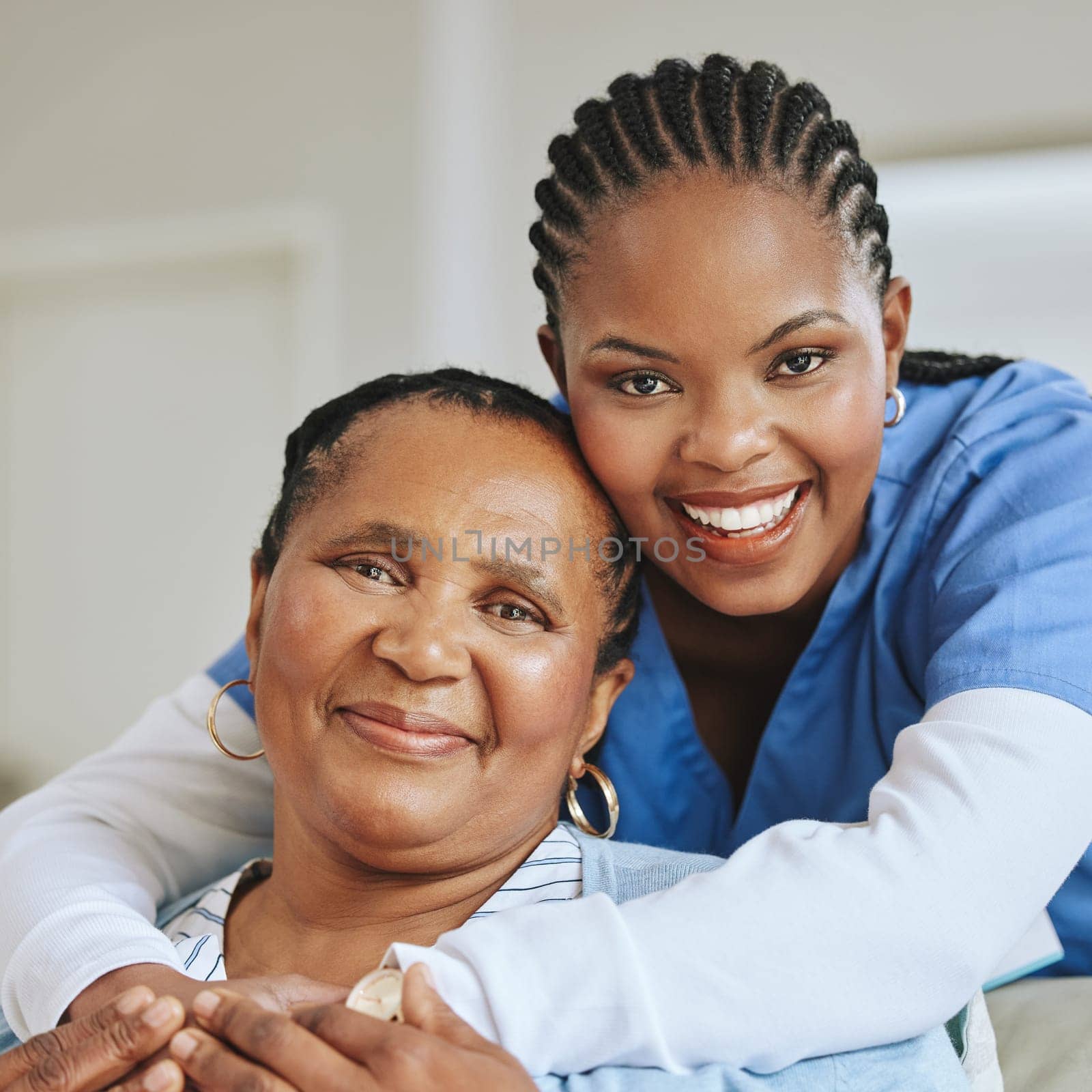 Senior patient, nurse woman and hug portrait for support, healthcare and happiness at retirement home. Face of black person and caregiver together for elderly care and help for health and wellness.