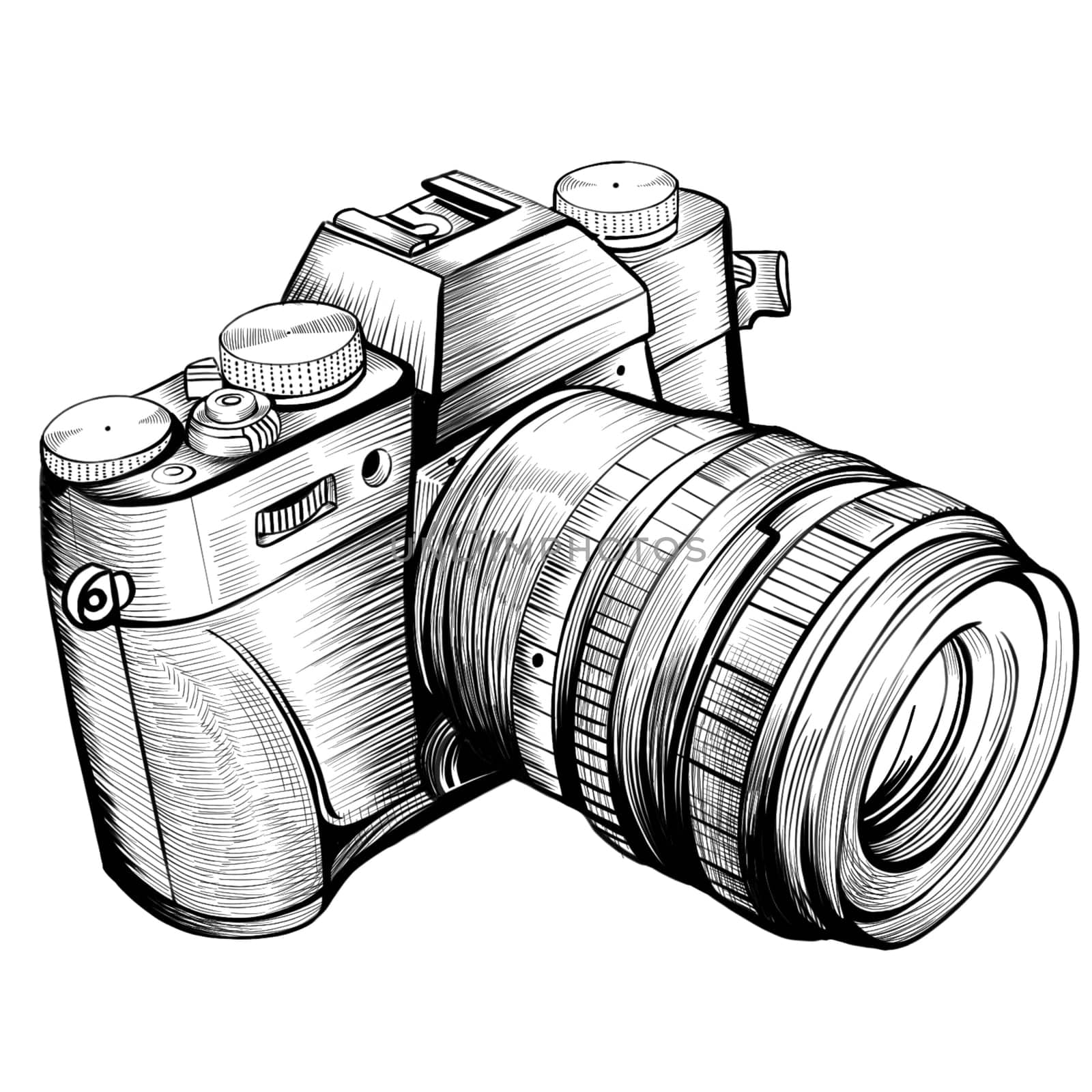 the camera in the style of Doodle. Hand-drawn stock illustration