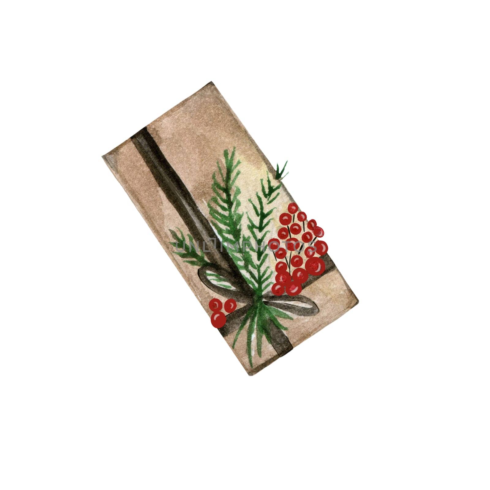 Hand drawn Christmas box wrapped in paper and decorated with branches and ribbons. Watercolor illustration