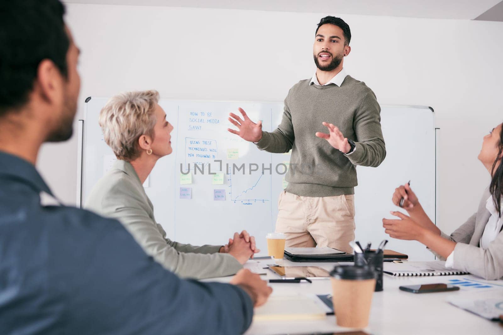 Business meeting, presentation and speaker, people and whiteboard for audience training, coaching or project ideas. Presenter, manager or man proposal, company pitch and clients attention in workshop.