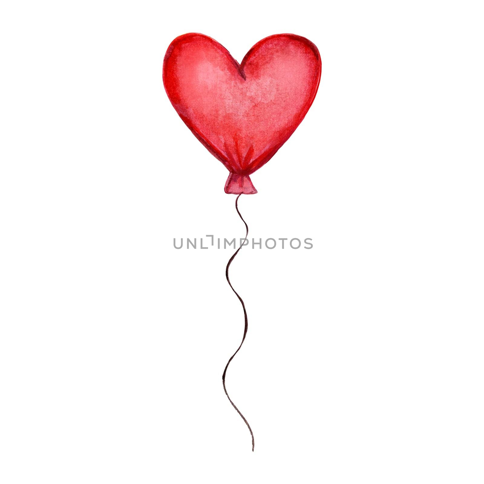 Red balloon in the shape of a heart on a white background. Hand-drawn watercolor illustration