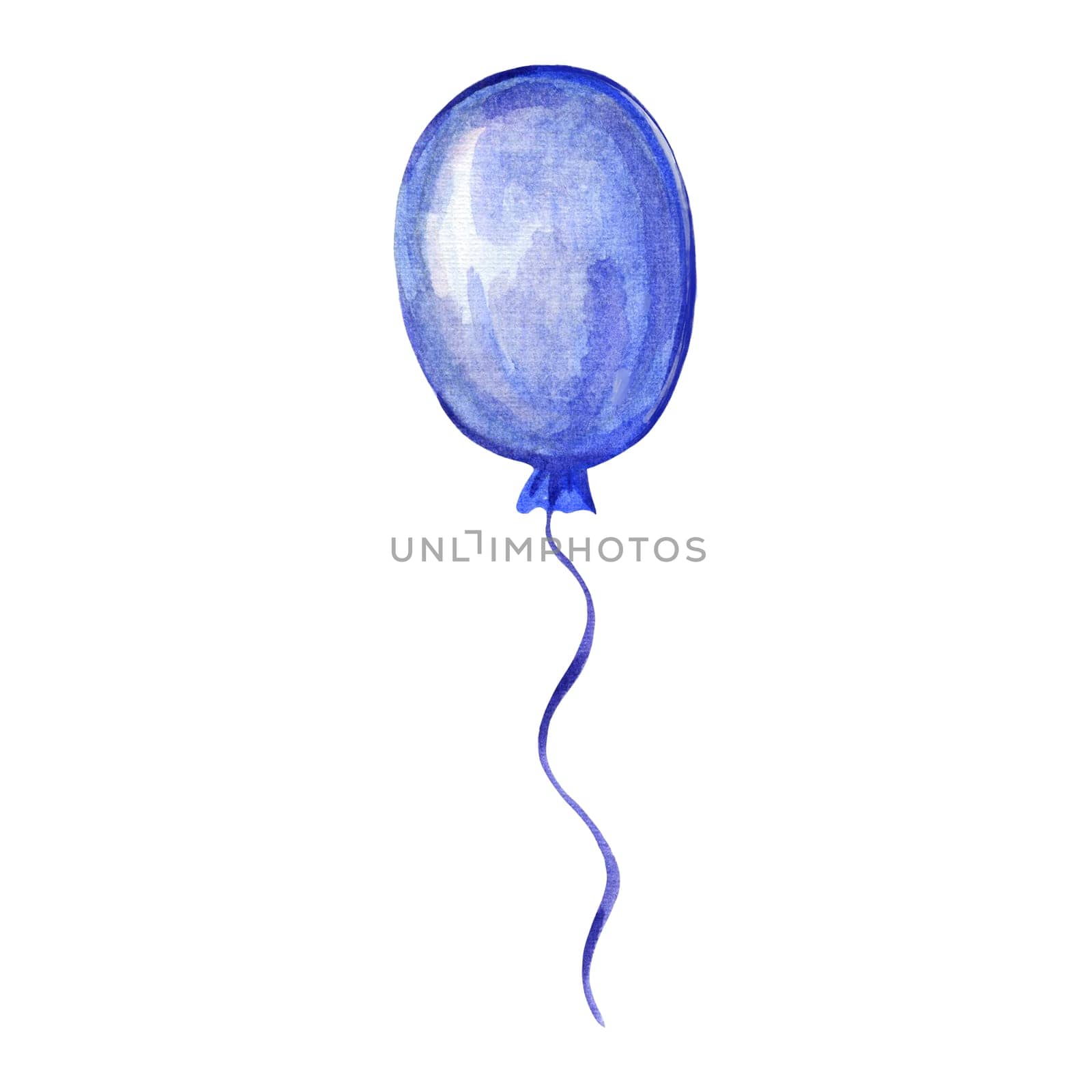 Blue balloon on a white background. Hand-drawn watercolor illustration.