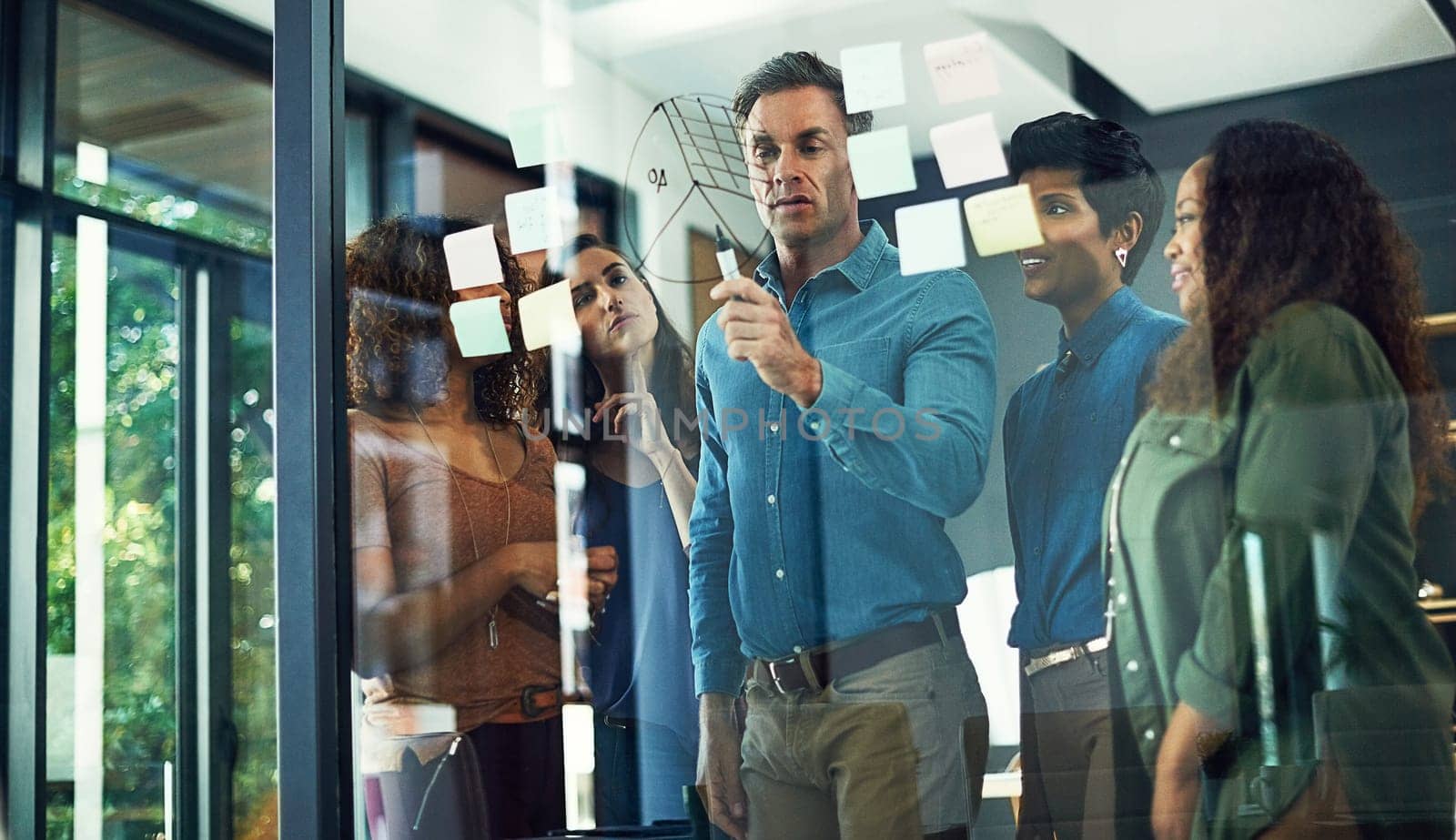 We still have great potential to further our growth. a group of businesspeople brainstorming with notes on a glass wall in an office