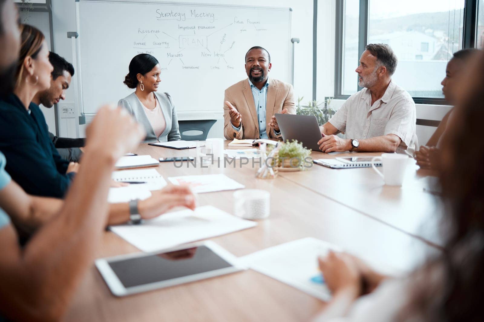 Business people, diversity and meeting in planning for strategy, brainstorming or sharing ideas at office. Group of employees in team discussion, collaboration or plan in conference at the workplace by YuriArcurs