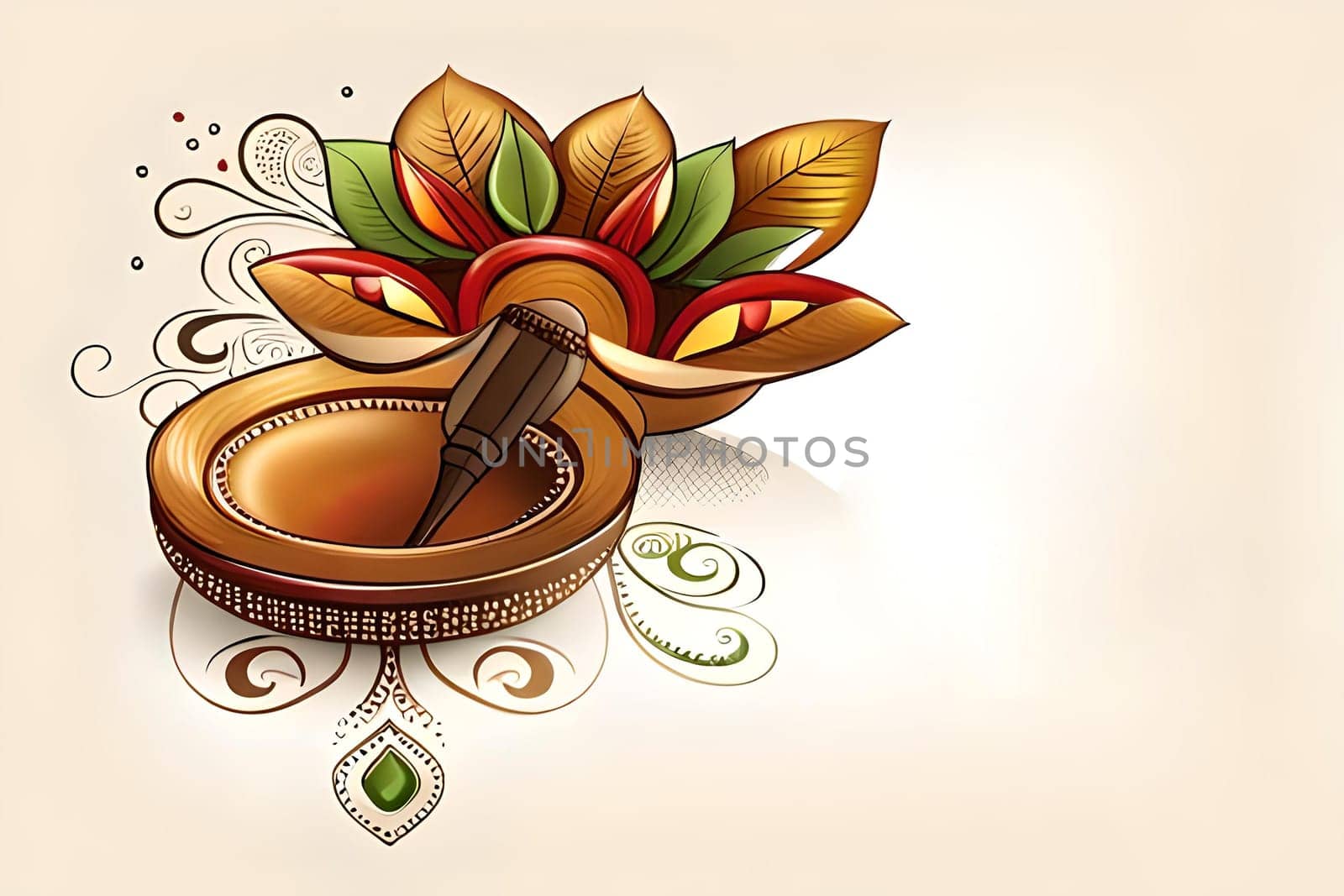 Happy ugadi greeting card background with kalash. Happy Ugadi holiday composition - Hindu New Year festival. Decorated Kalash with coconut, flowers, mango leaves and diya.