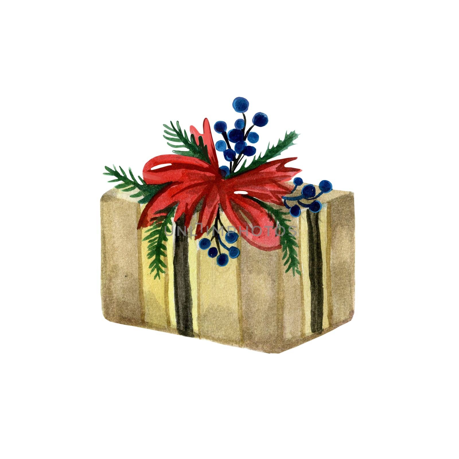 Hand drawn Christmas box wrapped in paper and decorated with branches and ribbons. Watercolor illustration