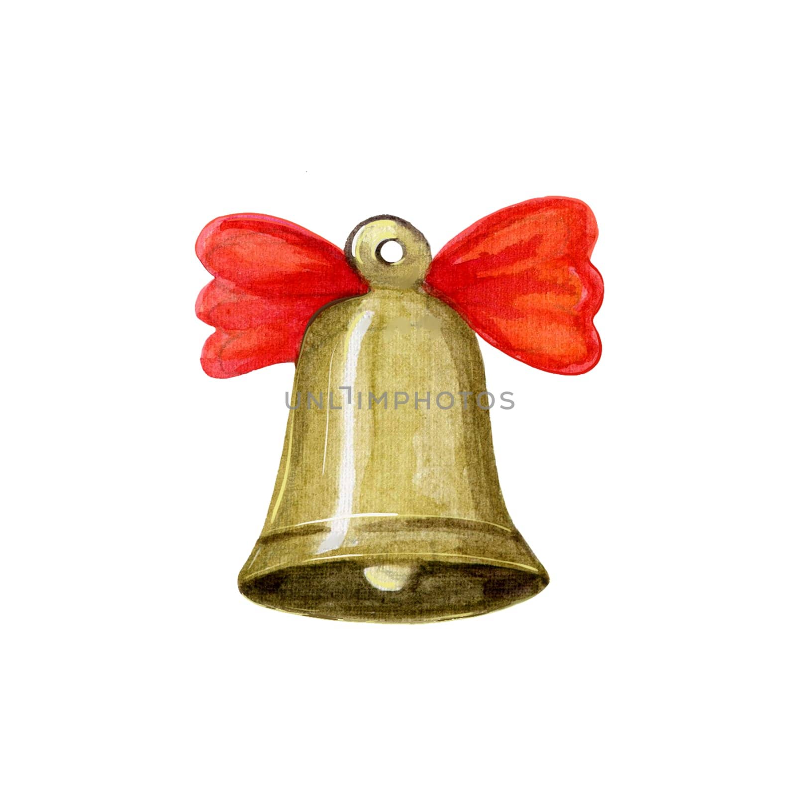 Bell with a red bow on a white background. Hand-drawn watercolor illustration.