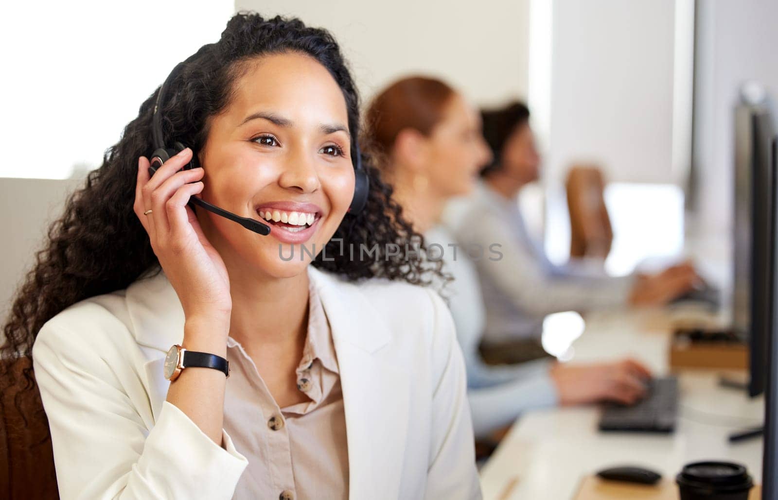 Call center, agent and woman with telemarketing, smile and friendly with tech support, professional and advice. Staff, female person or happy employee with headphones, customer service and consulting.