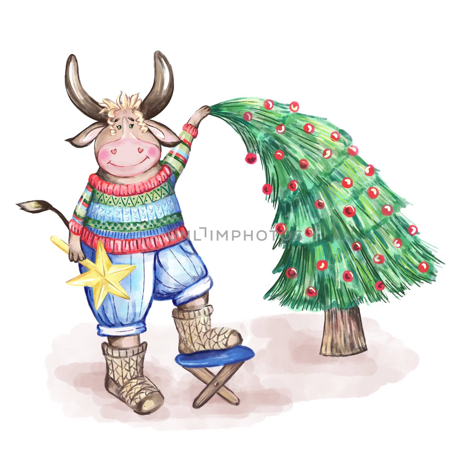 Bull symbol of 2021. Cute bull in a sweater decorates the Christmas tree. Watercolor illustration. Design for postcards, t-shirts, print, web