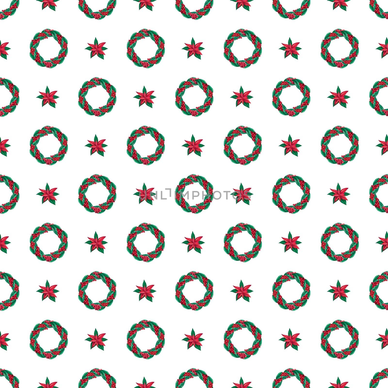 Christmas watercolor wreath seamless pattern.wreath pattern. Hand-drawn illustration in vintage style. Design for textile printing, wrapping paper, packaging