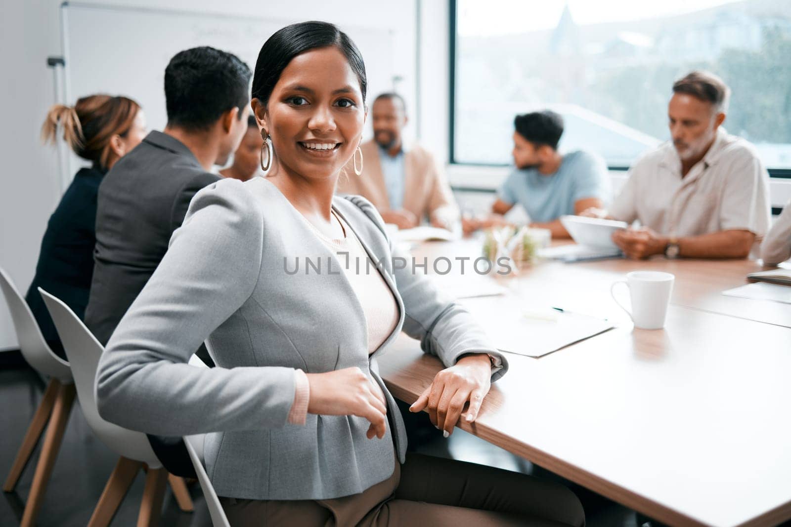 Join us. Business woman, smile in portrait and collaboration, confidence and meeting with group for corporate project. Team leader, manager and proud, female person in a professional conference room