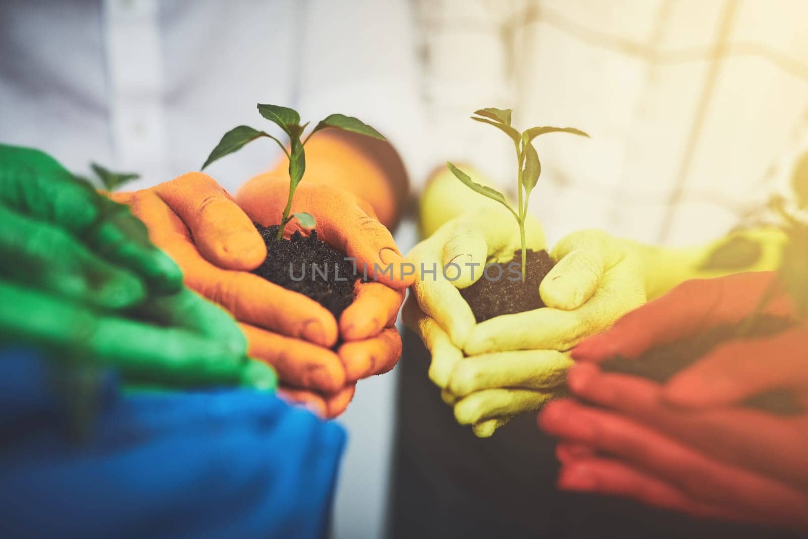 We all bleed the same color. unrecognizable people holding budding plants in their multi colored hands. by YuriArcurs