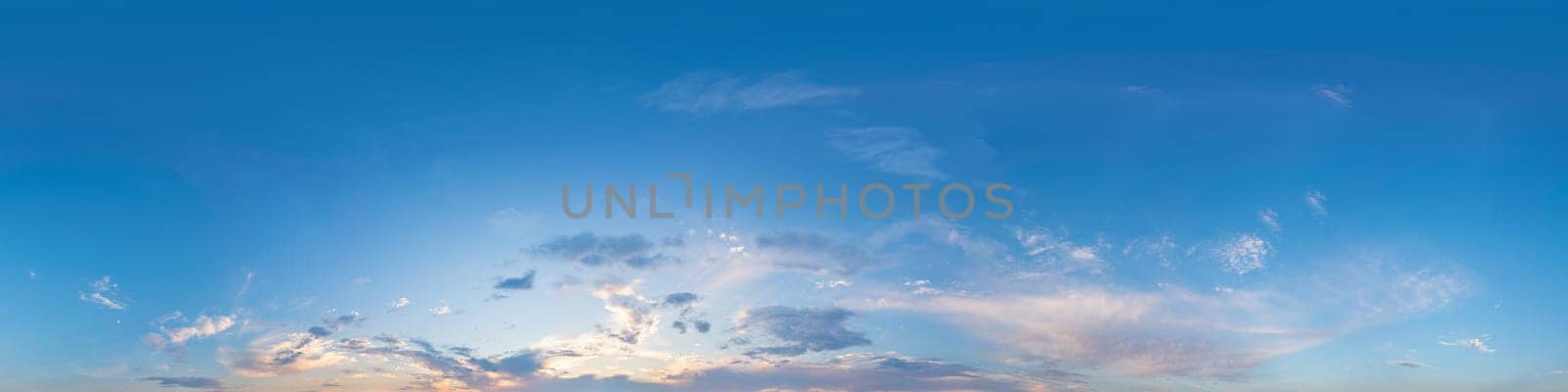 Dark blue sunset sky panorama with pink Cumulus clouds. Seamless hdr 360 panorama in spherical equirectangular format. Full zenith for 3D visualization, sky replacement for aerial drone panoramas. by panophotograph
