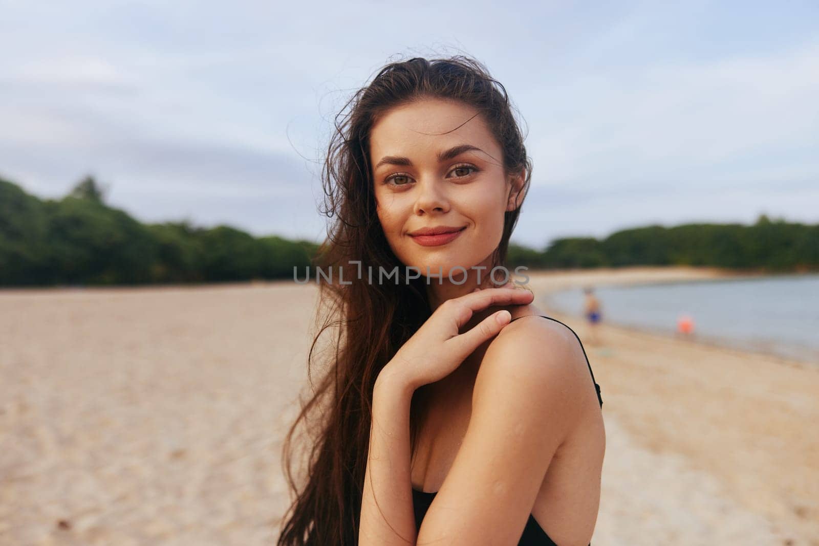 beauty woman coast holiday shore beach sunset smile space girl ocean happiness sea summer vacation sun sand lifestyle adult tropical free copy