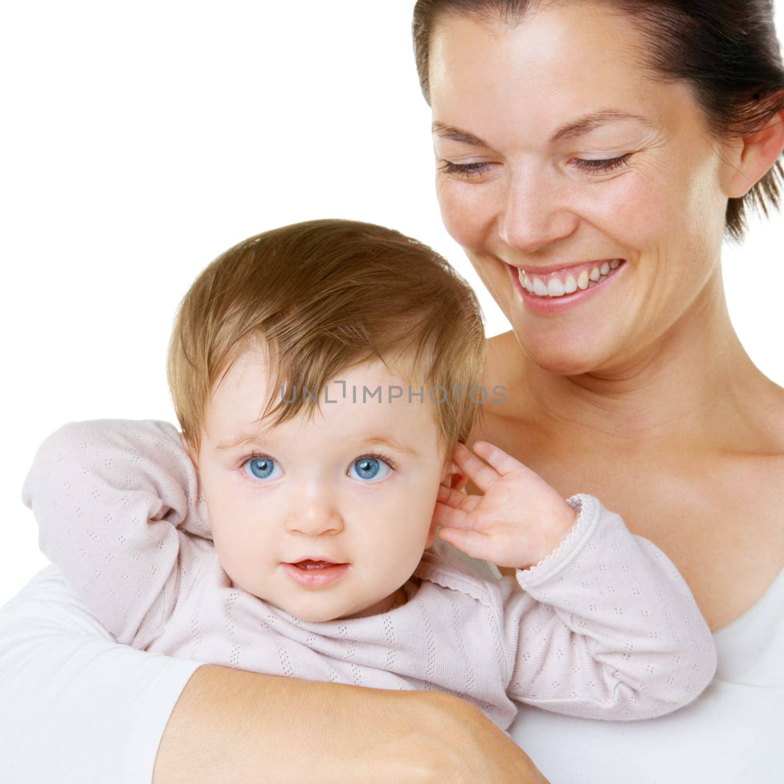 Happy, love and mother with baby, hug and smile in studio, cheerful and enjoying motherhood against a white background. Face, children and parent with little boy, hugging and bonding while isolated.