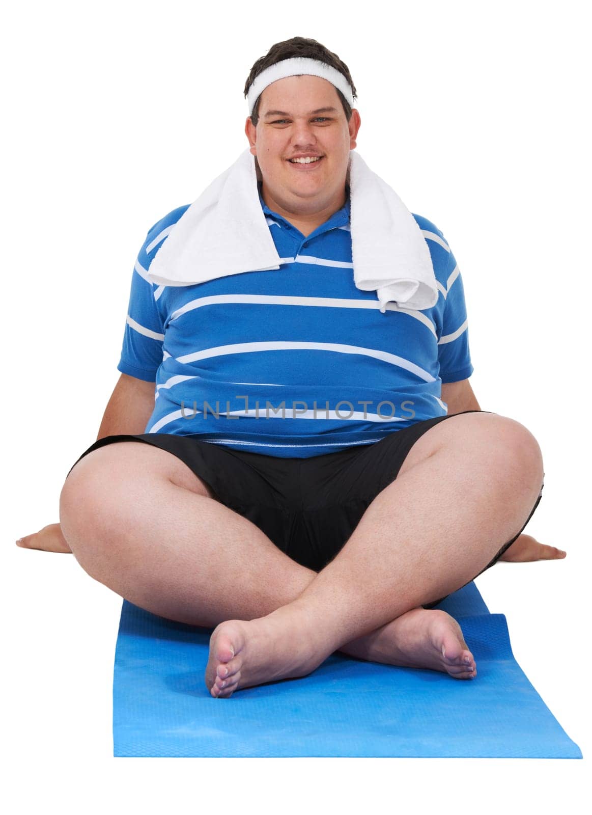 Fitness, plus size and portrait of a man doing a exercise in a studio for weight loss, health or wellness. Sports, training and happy male person ready for workout isolated by a white background