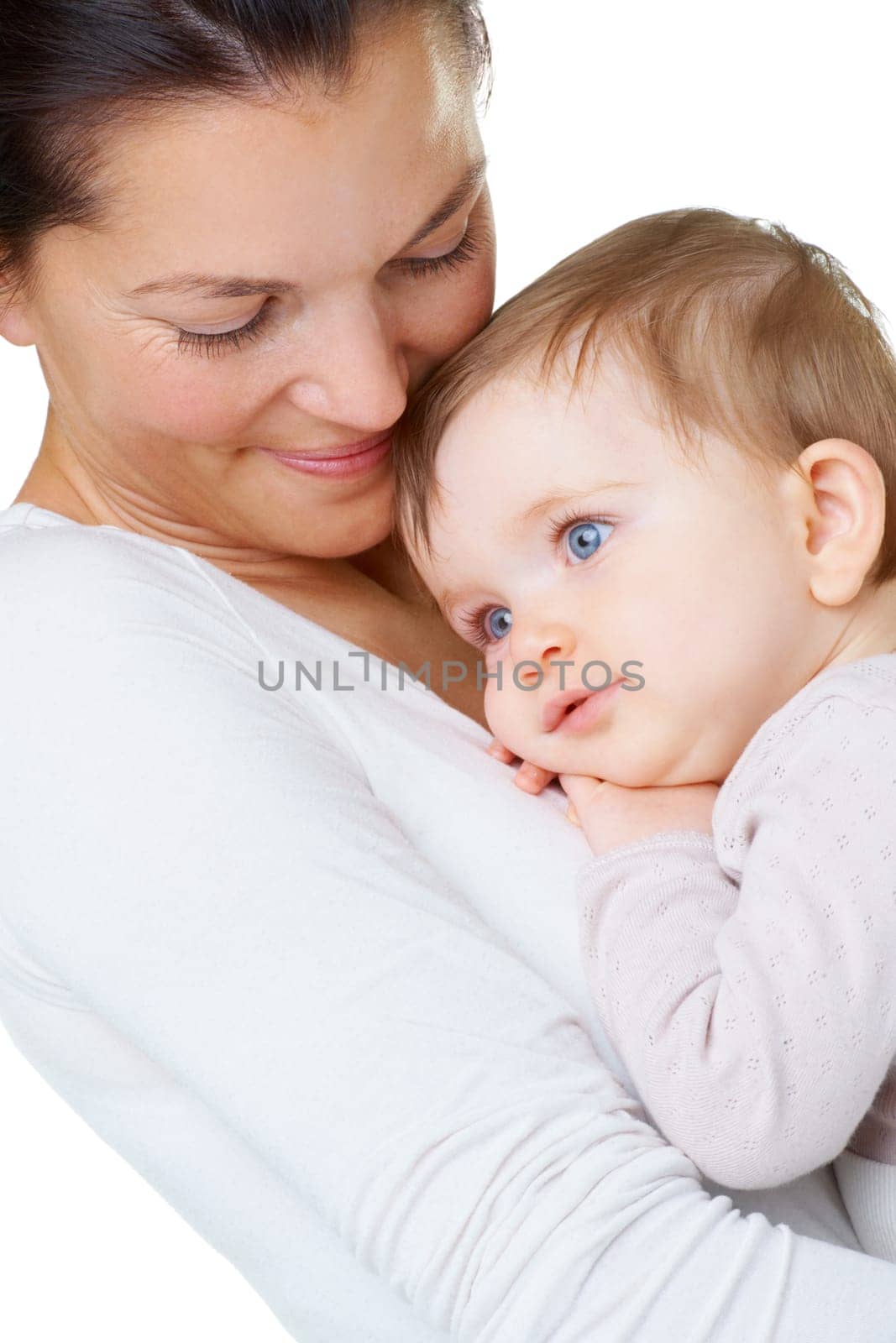 Love, smile and mother with baby in a studio hug, care and embracing against a white background. Face, relax and parent with little boy hugging, happy and enjoy bond, relationship and motherhood by YuriArcurs
